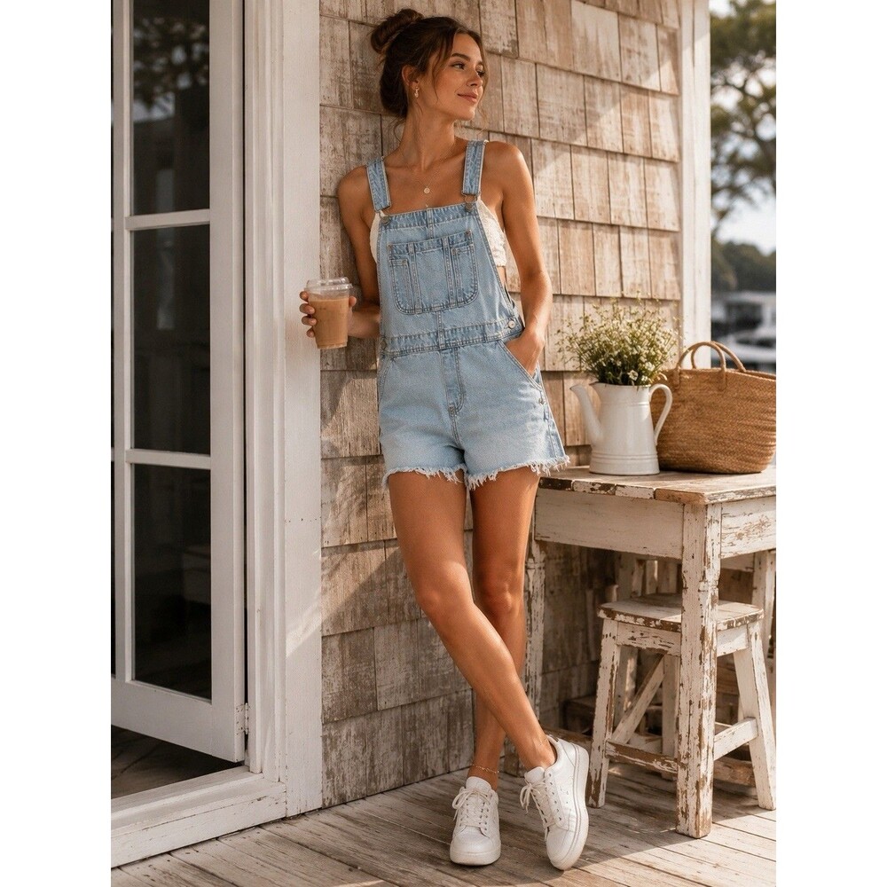 Women’s Bibs Overall Denim XL Shorts Frayed Beach Boho Casual Gardening Retro